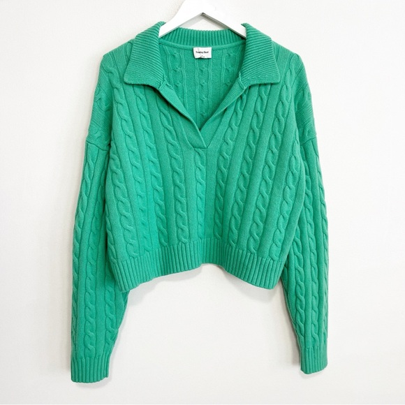 BOGO! Aritzia Sunday Best Lottie Cable Knit Polo Sweater Green Large - Picture 2 of 7